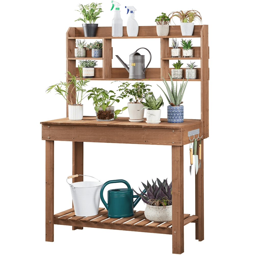 Topeakmart Wooden Potting Bench Table with Display Rack Storage Shelf for Garden, Brown