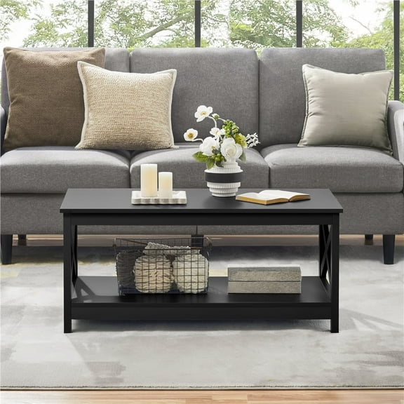 Topeakmart X-Design Coffee Table Living Room Furniture Table with Storage Shelf, Black