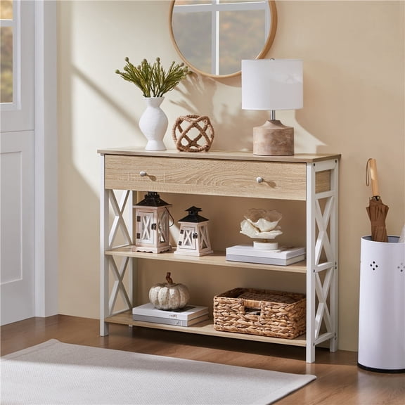 Yaheetech X Design Console Table w/ 1 Drawer & 2 Shelves, Gray, Light Oak