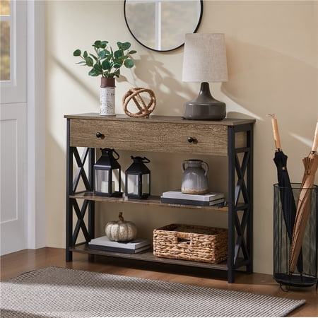 Topeakmart X Design Console Table w/ 1 Drawer & 2 Shelves, Taupe Wood