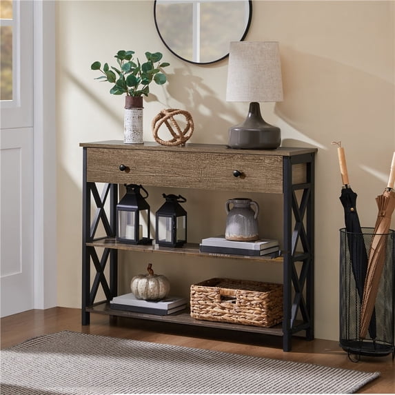 Yaheetech X Design Console Table w/ 1 Drawer & 2 Shelves, Taupe Wood