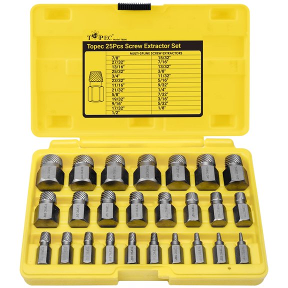 Topec 25Pcs Screw Extractor Set, Hex Head Multi-Spline Easy Out Bolt Extractor Set, Premium CR-MO Steel Rounded Bolt Remover