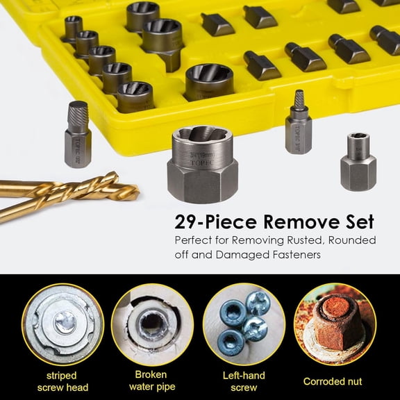 Topec Bolt Extractor Kit, 29 Piece Screw Extractor and Left Hand Drill Bit Set, Easy Out Stripped Lug Nut Remover Socket for Stripped, Damaged, Rounded-Off, Rusted Bolts, Nuts & Screws