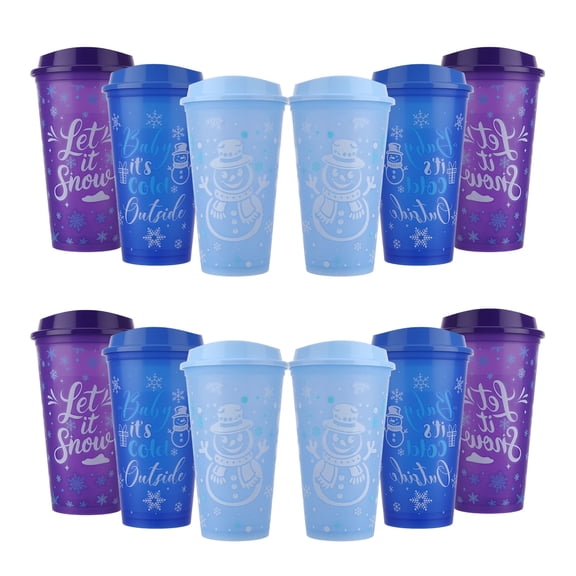 Topekada 12 Pcs Reusable Winter Coffee Cups with Lids, 16 Oz Plastic Color Changing Coffee Cups, Glitter Party Favor Cups with Cute Snowman Pattern for Hot and Cold Drinks