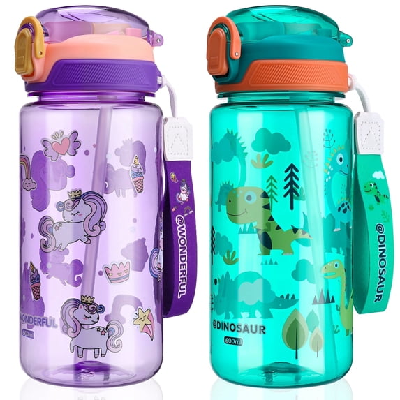 Topekada 2 Pack 20oz Kids Water Drinking Bottle - BPA Free, Auto Push Button, Chug Lid, Carry Loop Lightweight, Spill-Proof Water Bottle with Cute Design For Girls & Boys