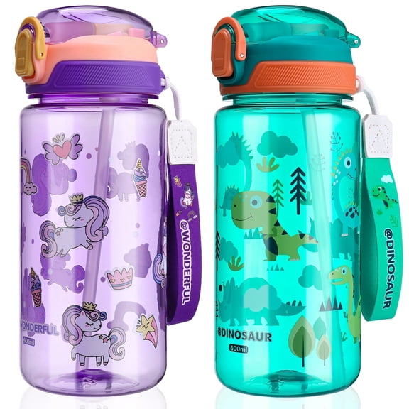 Topekada 2 Pack 20oz Kids Water Drinking Bottle - BPA Free, Auto Push Button, Chug Lid, Carry Loop Lightweight, Spill-Proof Water Bottle with Cute Design For Girls & Boys