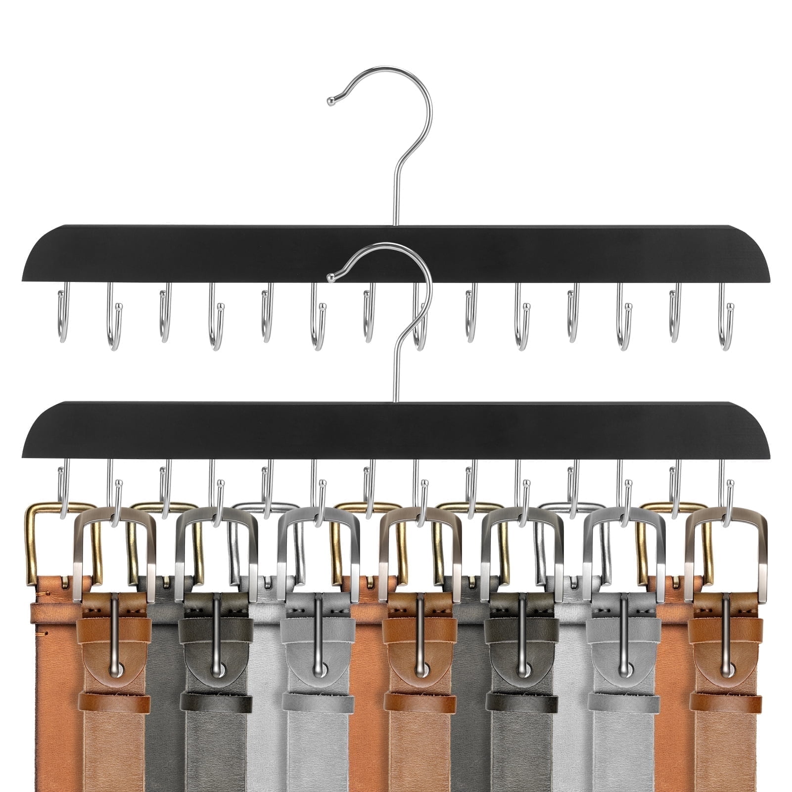 Topekada 2 Pack Belt and Tie Hanger for Closet,28 Hooks Wooden Belt Holder for Closet,360 Degree Rotating Tie Organizer,Belt and Tie Rack Space Saving