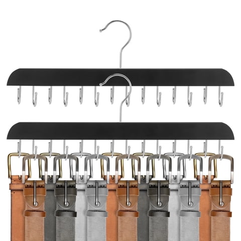 Topekada 2 Pack Belt and Tie Hanger for Closet,28 Hooks Wooden Belt Holder for Closet,360 Degree Rotating Tie Organizer,Belt and Tie Rack Space Saving