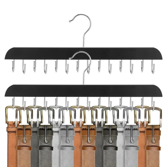 Topekada 2 Pack Belt and Tie Hanger for Closet,28 Hooks Wooden Belt Holder for Closet,360 Degree Rotating Tie Organizer,Belt and Tie Rack Space Saving