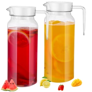Topekada 2 Pack Plastic Pitcher with Lid and Handle, 1100ml/37oz Clear Water Jug, Heat Resistant, Dishwasher-Safe, Tea Pitchers for Juice, Lemonade, Milk, Coffee, Cold or Hot Beverages