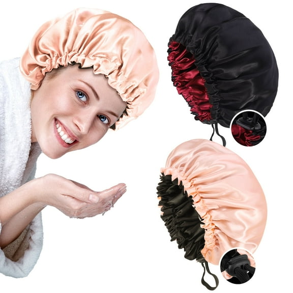 Topekada 2 Pack Satin Bonnet Silk Bonnet for Sleeping, Double Layer Adjustable Satin Bonnet for Natural and Curly Hair Silk Cap Hair Bonnet for Women Girls(Pink+Black)