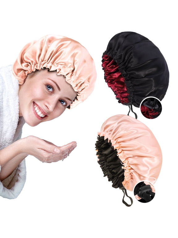 2 Pack Satin Bonnet Silk Bonnet for Sleeping, Double Layer Adjustable Satin Bonnet for Natural and Curly Hair Silk Cap Hair Bonnet for Women Girls(Pink+Black)