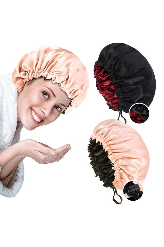 2 Pack Satin Bonnet Silk Bonnet for Sleeping, Double Layer Adjustable Satin Bonnet for Natural and Curly Hair Silk Cap Hair Bonnet for Women Girls(Pink+Black)