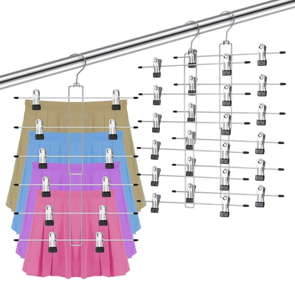Topekada 2 Pack Skirt Hangers with Clips,6 Tier Pants Hangers Space Saving For Limited Closet,Apartment College Dorm Room,Multi-use Closet Hanger Closet Organizers And Storage