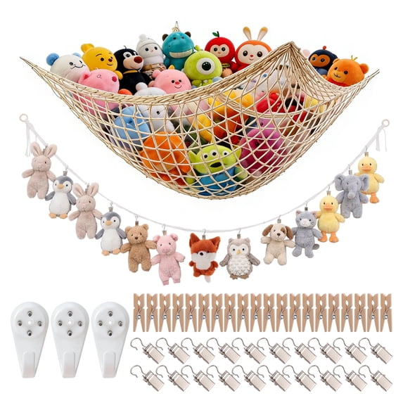 Topekada 2 Pack Stuffed Animal Hammock Set, Sturdy Large Stuffed Animal Storage Net and Suspension Rope, Cotton Corner Hanging Organizer for Kids Baby Nursery Wall Bedroom Home Decor