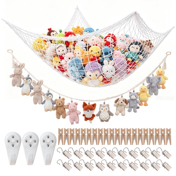 Topekada 2 Pack Stuffed Animal Hammock Set, Sturdy Large Stuffed Animal Storage Net and Suspension Rope, Cotton Corner Hanging Organizer for Kids Baby Nursery Wall Bedroom Home Decor