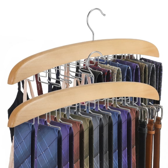 Topekada 2 Pack Tie Hanger Tank Top Hanger,Wooden 48 Hooks Hanger Set,Tie Rack,Belt Organizer for Closet,with Upgraded 360 Degree Rotating,Multiuse Hanger for Bras,Tank Tops,Camisoles(Nature)