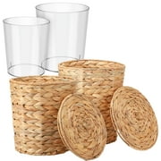 Topekada 2 Pack Wicker Trash Cans with Removable Lids and Liner, 1.9 and 2.7 Gallons Handmade Woven Waste Baskets with Stainless Steel Frames, Garbage Wastebaskets for Kitchen Bathroom Bedroom