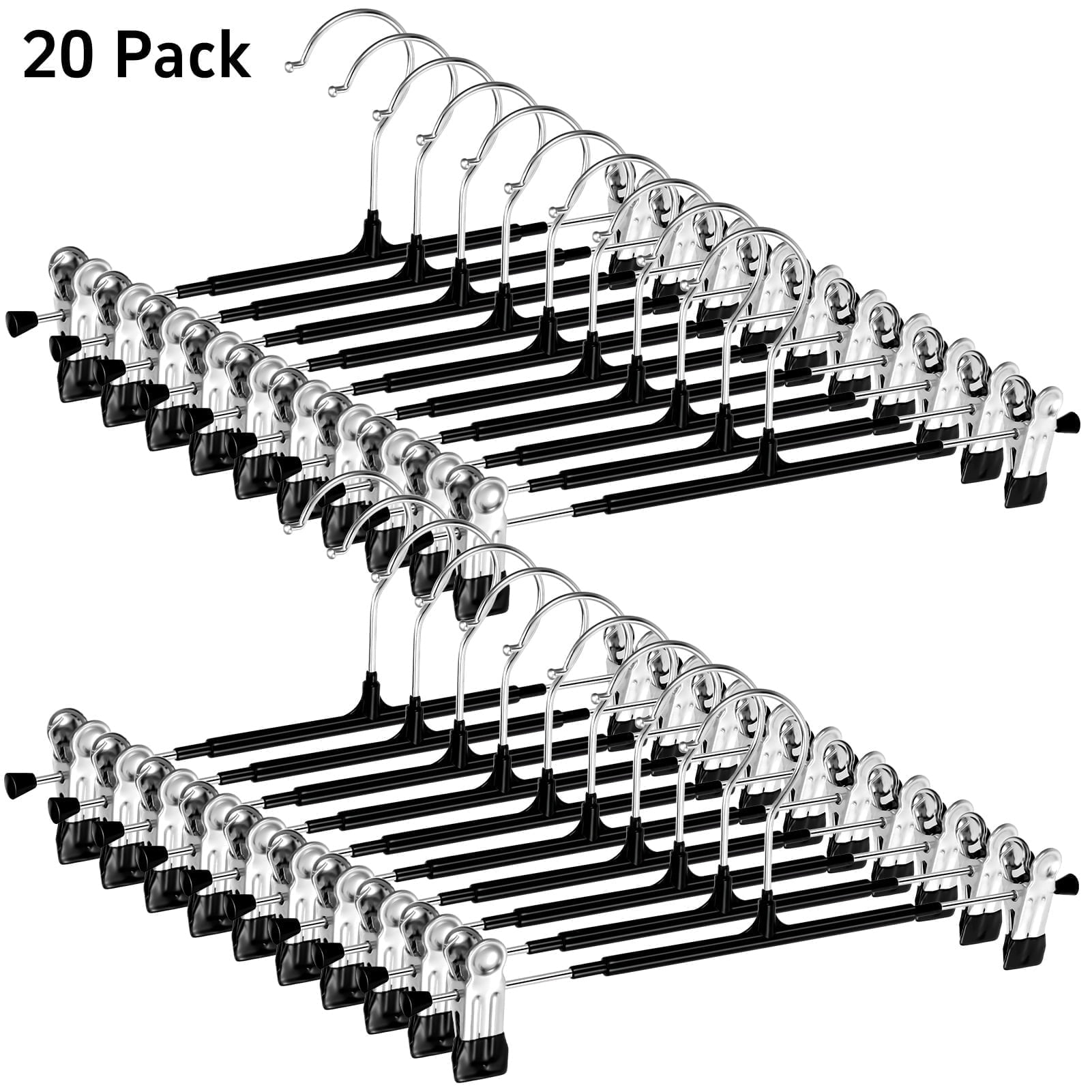 Topekada 20 Pack Pants Hangers with Clips for Women, Adjustable Heavy Duty Space Saving Skirt Hangers Non-Slip Trousers, Jeans Clothes ,Shorts Black,12Inch