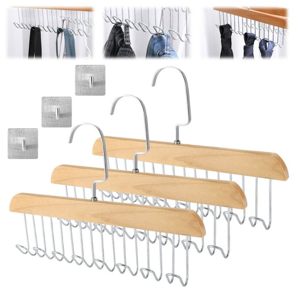 Topekada 3 Pack Belt and Bra Hangers with Hooks,Space Saving Bra Hangers for Closet and Laundry,360 Degree Rotating Wooden Tie Hanger with 8 Hooks for Tank Top,Jeans,Scarf(Nature)