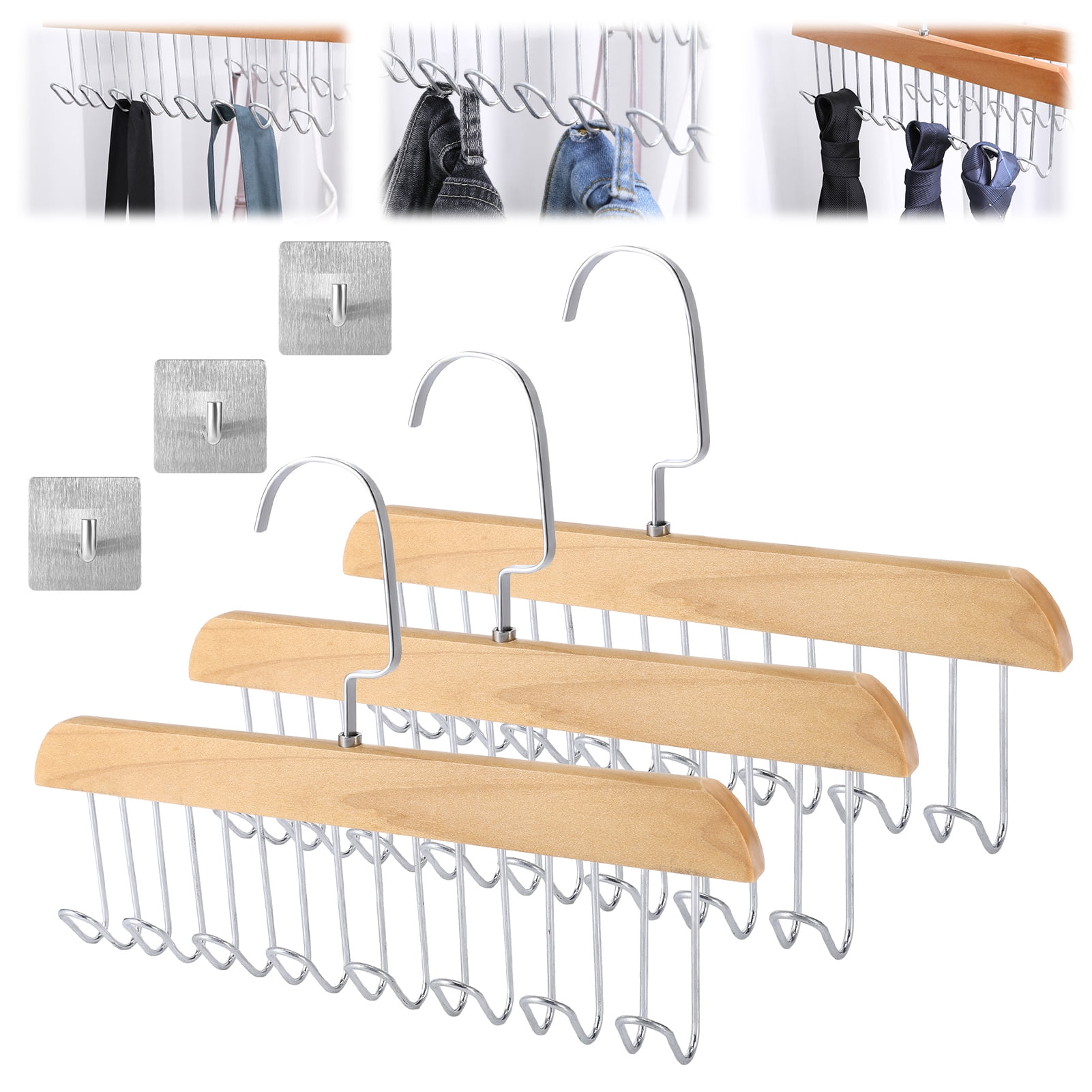 Topekada 3 Pack Belt and Bra Hangers with Hooks, Space Saving Bra Hangers for Closet and Laundry, 360 Degree Rotating Wooden Tie Hanger with 8 Hooks for Tank Top,Jeans,Scarf(Nature)