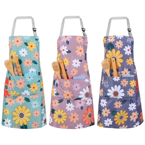 Topekada 3 Pack Floral Aprons for Women, Adjustable Chef Apron with Flower Pattern, Waterproof Kitchen Cooking Aprons with Single Strap(16.54 Inches) and 1 Pockets for Women Cooking, Baking