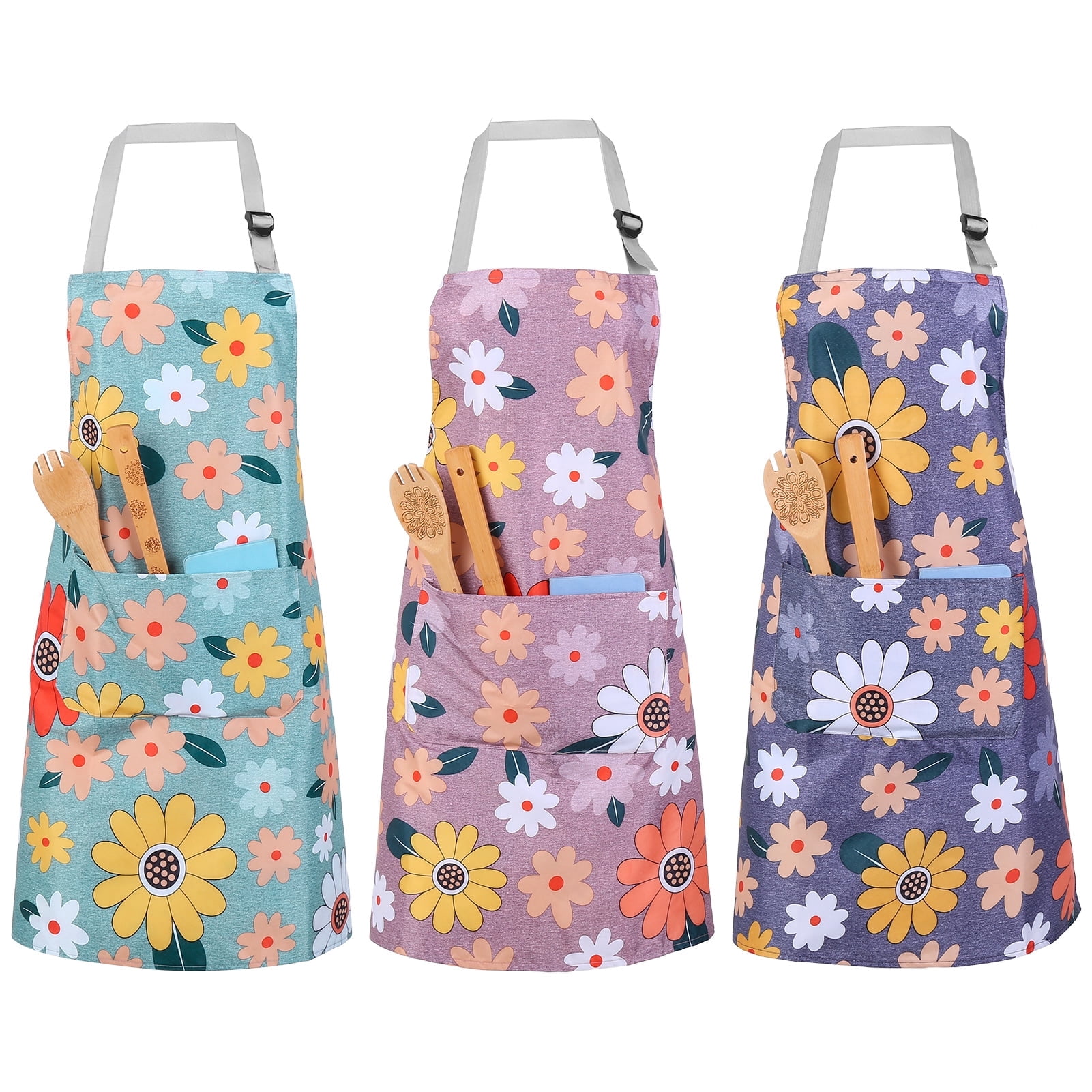 Topekada 3-Pack Delicate Floral Design Aprons, Waterproof Kitchen Aprons, Kitchen Cooking Aprons with Large Pocket Made of Polyester-Cotton Blend for Kitchen, B