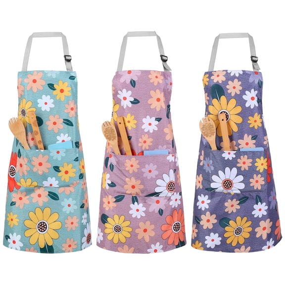 Topekada 3-Pack Delicate Floral Design Aprons, Waterproof Kitchen Aprons, Kitchen Cooking Aprons with Large Pocket Made of Polyester-Cotton Blend for Kitchen, Baking, and Gift Giving