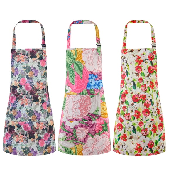 Topekada 3 Pack Floral Aprons for Women, Adjustable Apron with Pockets, Chef Apron forKitchen, Cooking, Baking, Gardening