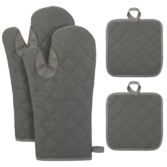 Topekada 3 Pcs Oven Mitts and Potholders Set with PU Leather Reinforced Palm for Baking Grilling Gray