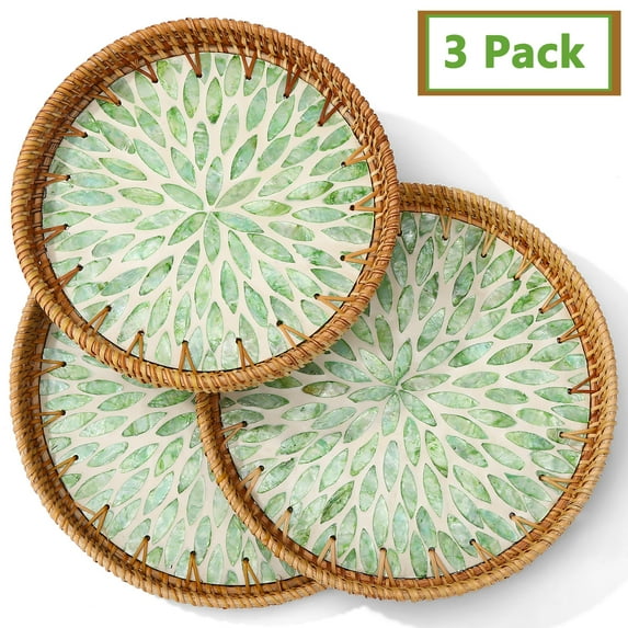 Topekada 3-Pack Decorative Rattan Trays for Coffee Table with Mother of Pearl Inlay, Handwoven Natural Wicker Serving Trays in 3 Sizes for Home Decor, Housewarming Gifts and Beverage Service
