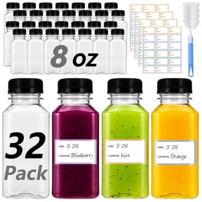 Topekada 32 Pcs 8 oz Empty Plastic Juice Bottles with Lids, Reusable Drink Containers with Brush and Labels, Clear Bulk Juice Containers with Caps for Juicing, Smoothie and Other Beverages