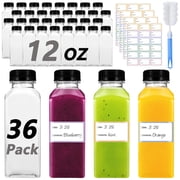 Topekada 36 Pcs 12 oz Empty Plastic Juice Bottles with Lids, Reusable Drink Containers with Brush and Labels, Clear Bulk Juice Containers with Caps for Juicing, Smoothie and Other Beverages