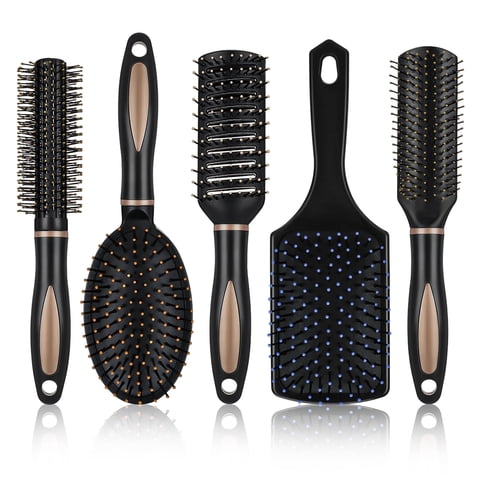 Topekada 5 Pcs Paddle Hair Brush Comb Set,Detangling Hairbrush Anti Static Massage Oval Comb Hair Styling Tools for Women Men Kid All Wet or Dry Hair(Black), round