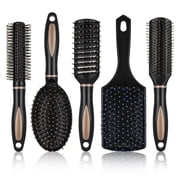 Topekada 5 Pcs Paddle Hair Brush Comb Set,Detangling Hairbrush Anti Static Massage Oval Comb Hair Styling Tools for Women Men Kid All Wet or Dry HairBlack, round