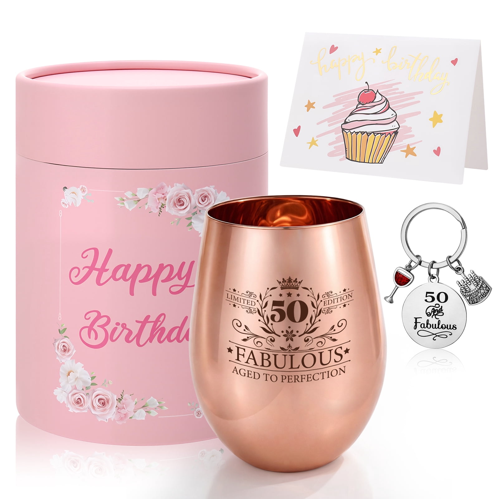Topekada 50th Birthday Gifts for Her, Fabulous Wine Glass with Cards and Keychains, 50 Year Old Birthday Decorations, Funny 50 Gifts Idea for Women, Friends, Da