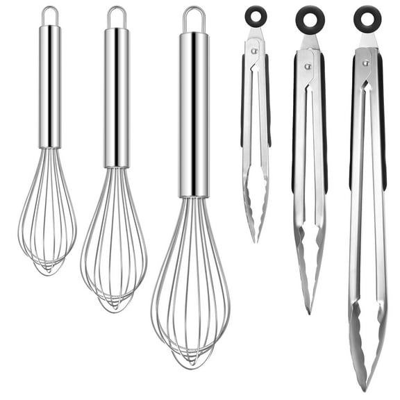 Topekada 6-Pack Stainless Steel Whisk and Tongs Set, 3 Heavy Duty Metal Tongs for Cooking & Grilling with Locking Grip + 3 Wire Balloon Whisks for Blending, Baking, Dishwasher Safe Kitchen Utensils