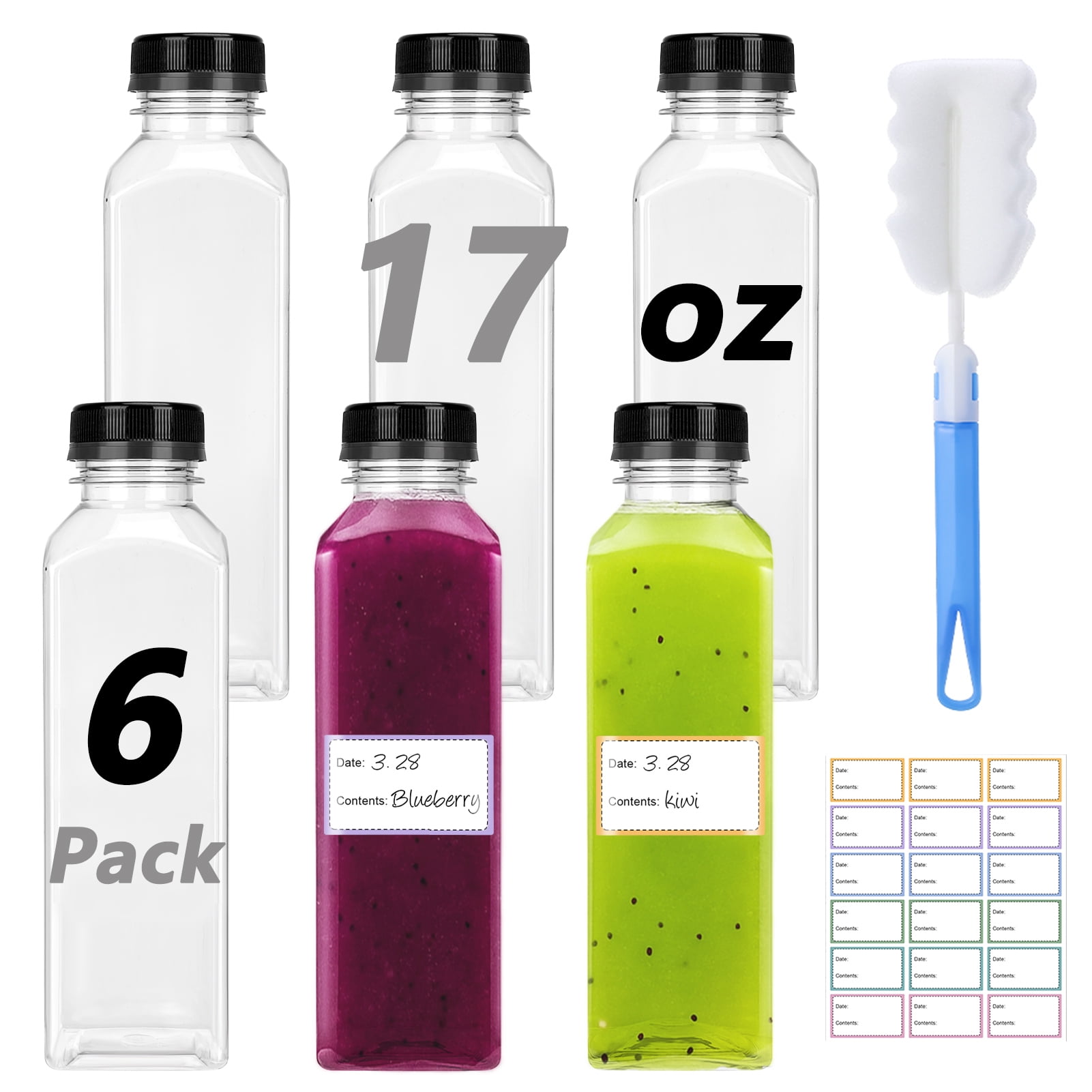 Container For Juice Topekada 6 Pcs 17 oz Empty Plastic Juice Bottles with Lids,Reusable ...