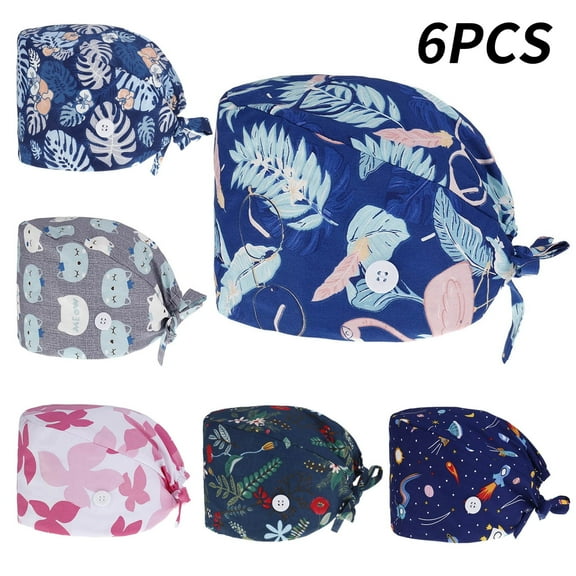 Topekada 6 Pieces Surgical Hat for Women, Bouffant Surgical Caps Nurse Doctor with Buttons Adjustable Printed Sweatband Hats Head Caps Stretchy Tie Back Set