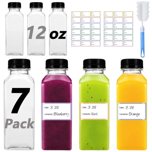 Topekada 7 Pcs 12 OZ Empty Plastic Juice Bottles with Lids, Reusable Drink Containers with Brush and Labels, Clear Bulk Juice Containers with Caps for Juicing, Smoothie and Other Beverages