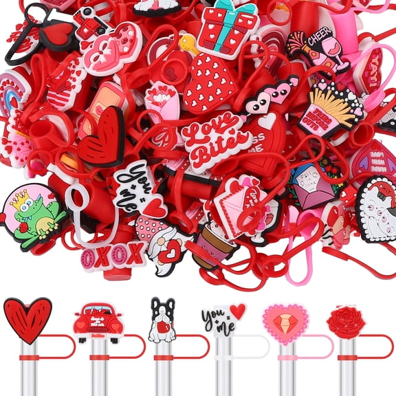 Topekada 75Pcs Valentine's Day Straw Cover Cap, 10mm Reusable Cute Pink Drinking Straw Topper Accessories, Portable Protector Plugs Decorations Gifts for Valentine's Day Party