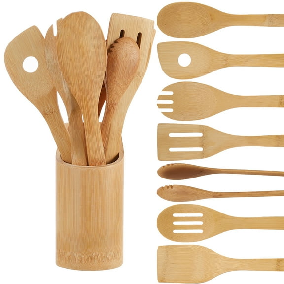 Topekada 8 Pack Wooden Utensil Set with Holder, Natural Bamboo Cooking Utensils for Nonstick Cookware, Wooden Spoons, Spatulas & Cooking Tongs, Eco-Friendly Gift for Home Chefs