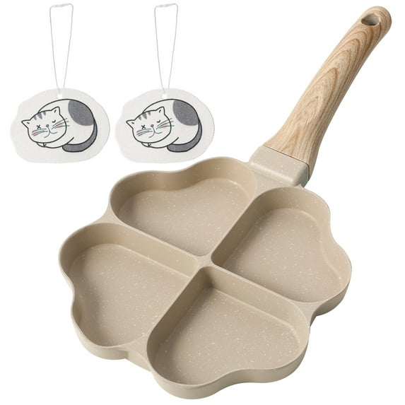 Topekada Egg Pan Omelette Pan, 4-Cup Nonstick Egg Frying Pan with 2 Wood Pulp Fiber Sponge Cloth , Breakfast Frying Pan Egg Cooker Suitable for Gas Stove & Induction Cookware, Beige Heart Shaped