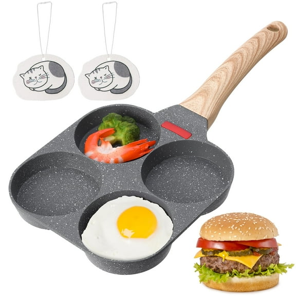 Topekada Egg Pan Omelette Pan, 4-Cup Nonstick Egg Frying Pan with 2 Wood Pulp Fiber Sponge Cloth , Breakfast Frying Pan Egg Cooker Suitable for Gas Stove & Induction Cookware, Black Circle Round
