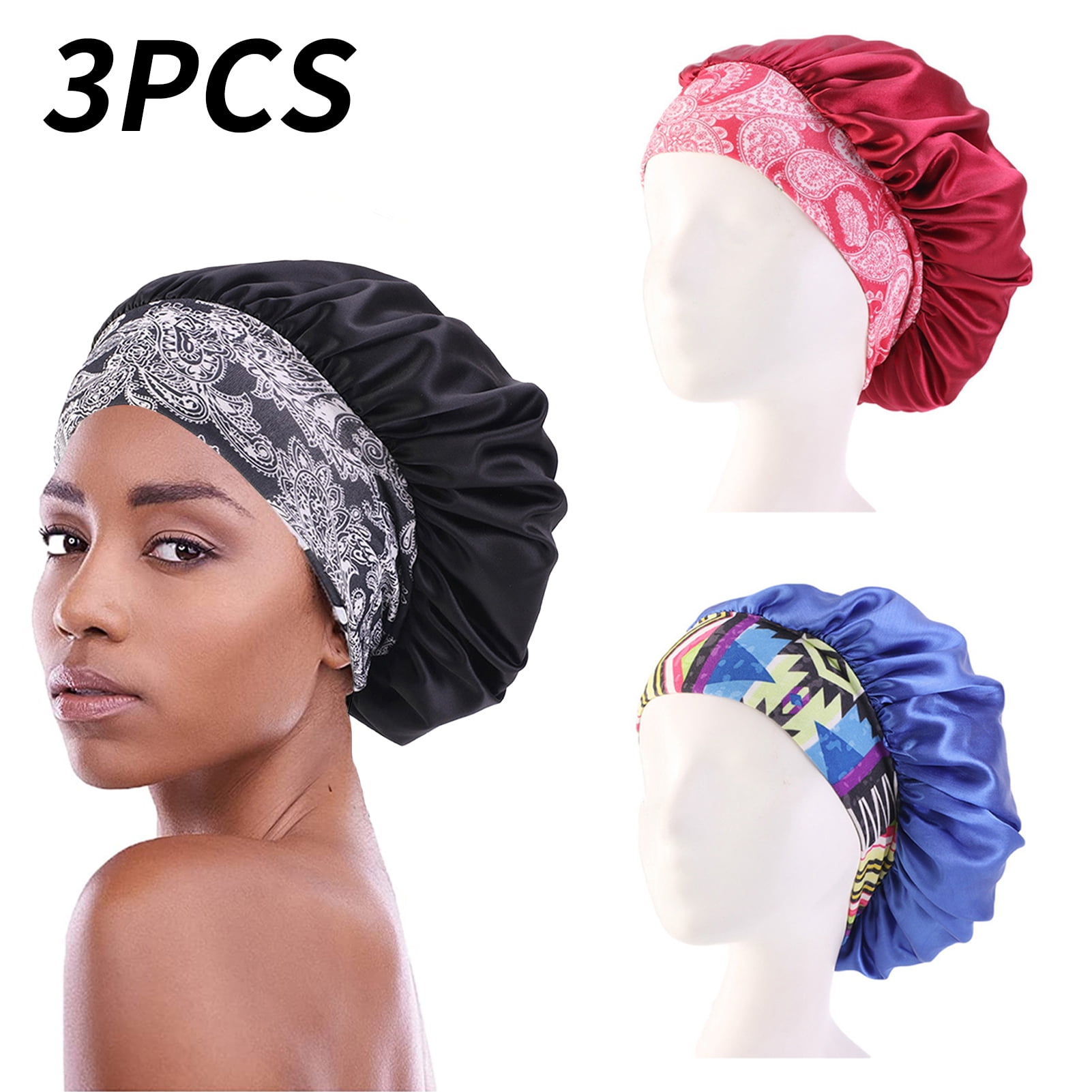 Topekada Satin Hair Bonnet 3 Pcs Elastic Wide Band Sleeping Soft Print ...
