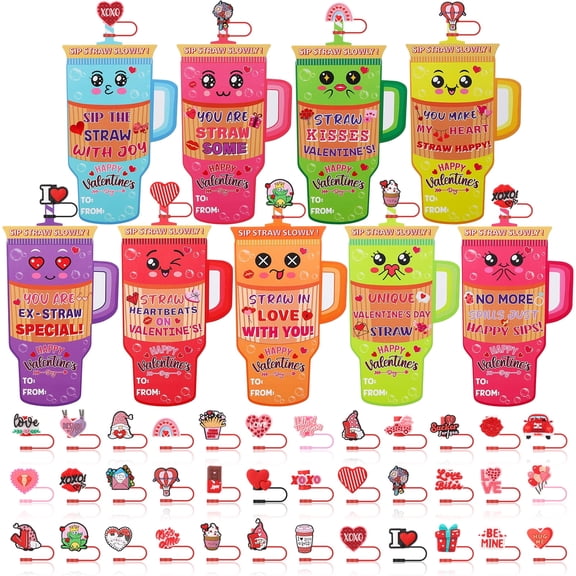 Topekada Valentines Day Cards, 36PCS Cute Valentines Cards with 36 Straw Covers Cap for 30&40 Oz Tumbler, Straw Protectors Drinking Straw Caps for 10 mm Straws, Valentine Exchange Gift Party
