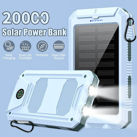Topelectronic Super 20000mAh USB Portable Charger Solar Power Bank For Cell Phone 2025 Light Blue