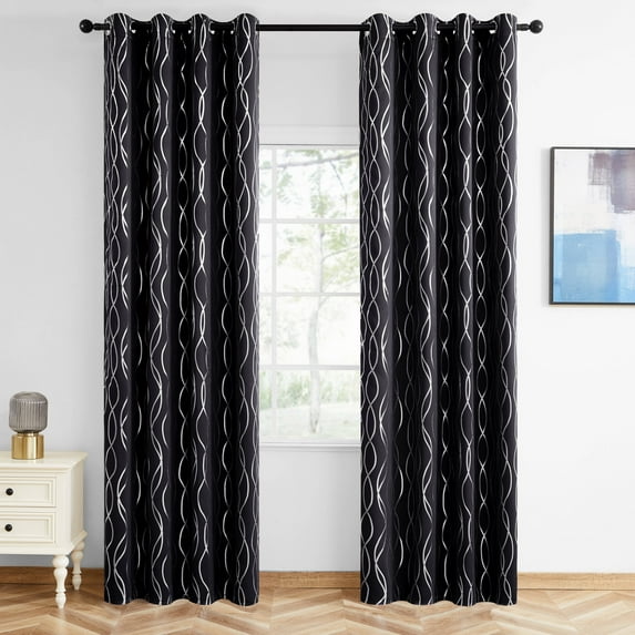 Topfinel 100% Blackout Two Layer Silver Foil Wave Printed Grommet Curtains for Living Room Bedroom,Full Shading Curtains for Home,Super Heavy-Duty Thermal Insulated Drapes,Black,42 x 84 inch,2 Panels