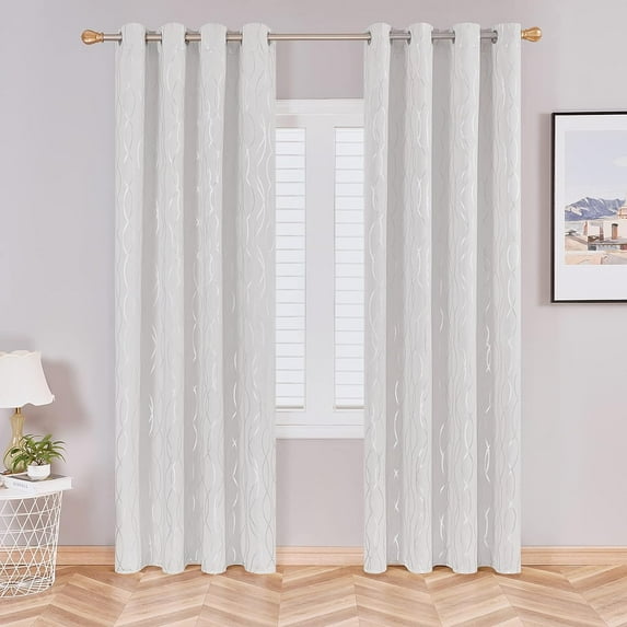 Topfinel 100% Blackout Two Layer Silver Foil Wave Printed Grommet Curtains for Living Room Bedroom,Full Shading Curtains for Home,Super Heavy-Duty Thermal Insulated Drapes,Cream,42 x 96 inch,2 Panels