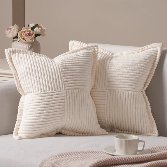 Topfinel 18" x 18" Wide Side Pillowcase,Corduroy Decorative Textured Pillow Cover, Cream,Set of 2